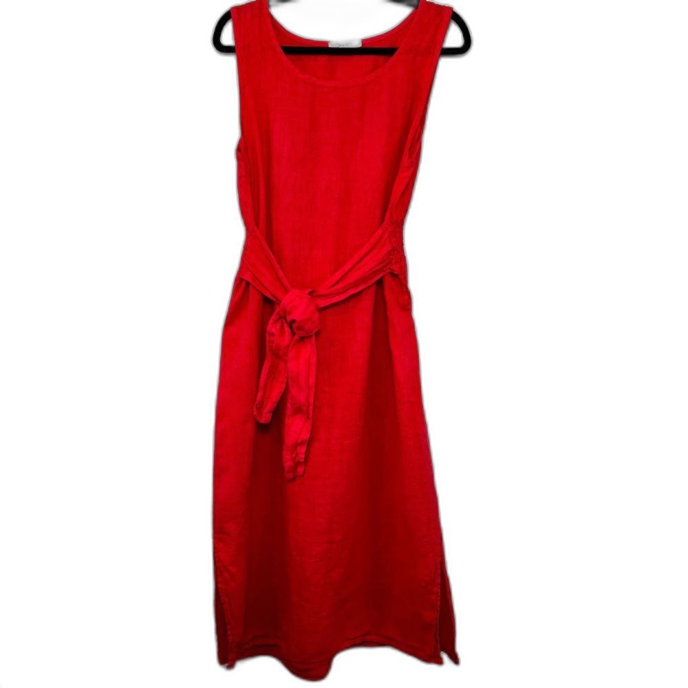Lungo L’Argo Linen Red Sleeveless Midi Dress Size L - Tie Front Minimalist Boho